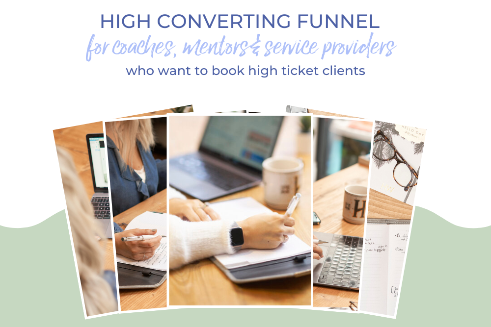 High converting funnel for coaches image with visuals of woman working on laptop